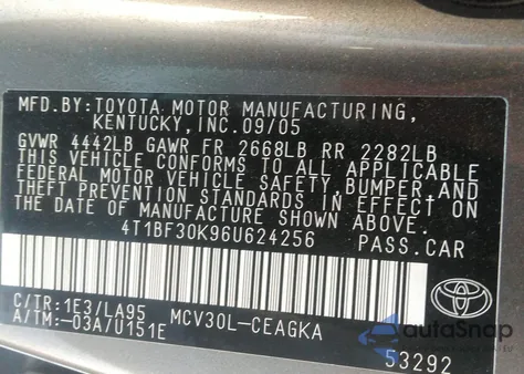 2006 Toyota Camry Xle V6 из США, поврежденный, VIN 4T1BF30K96U624256